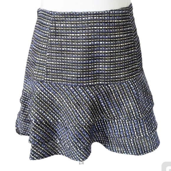 BCBG Generation Mini Skirt 8 Tweed New Sparkle Metallic Gold Blue White Ruffle - Picture 4 of 5